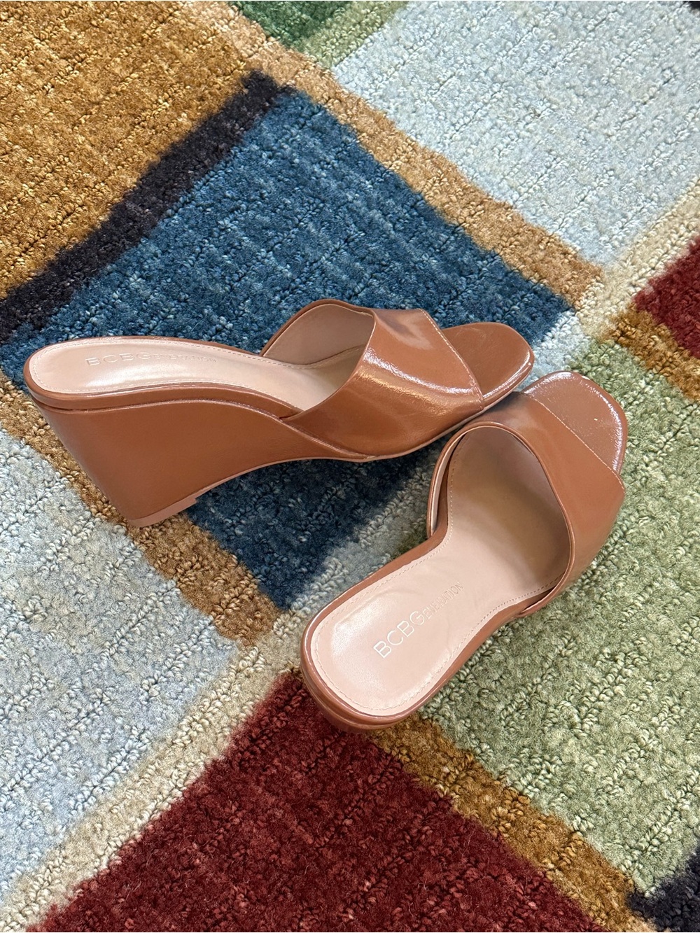BCBG Cognac Leather Wedge Slide Sandals
